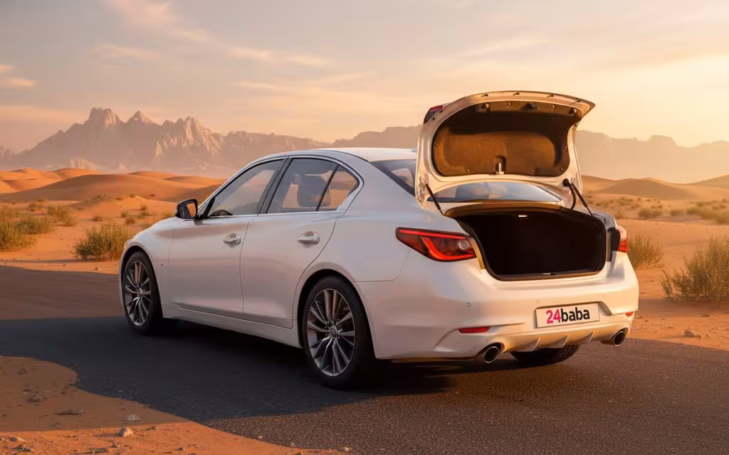 Infiniti Q50 2023 White rear view showing taillights – rental in Dubai