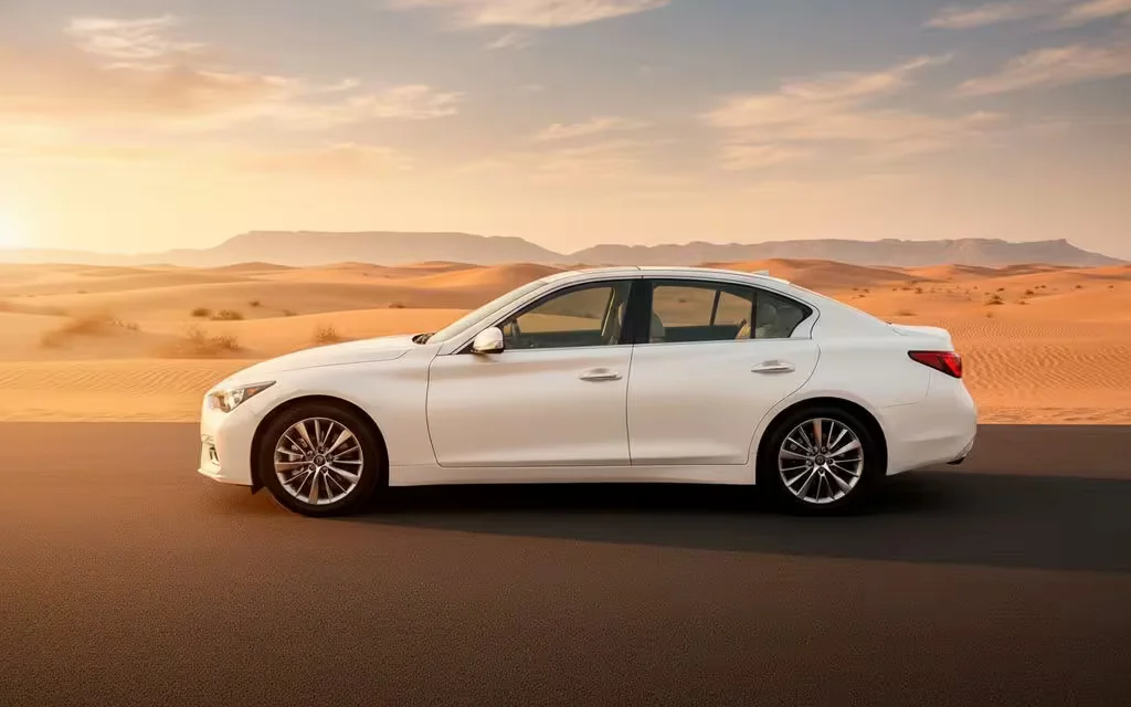 Infiniti Q50 2023 White side profile – rental in Dubai