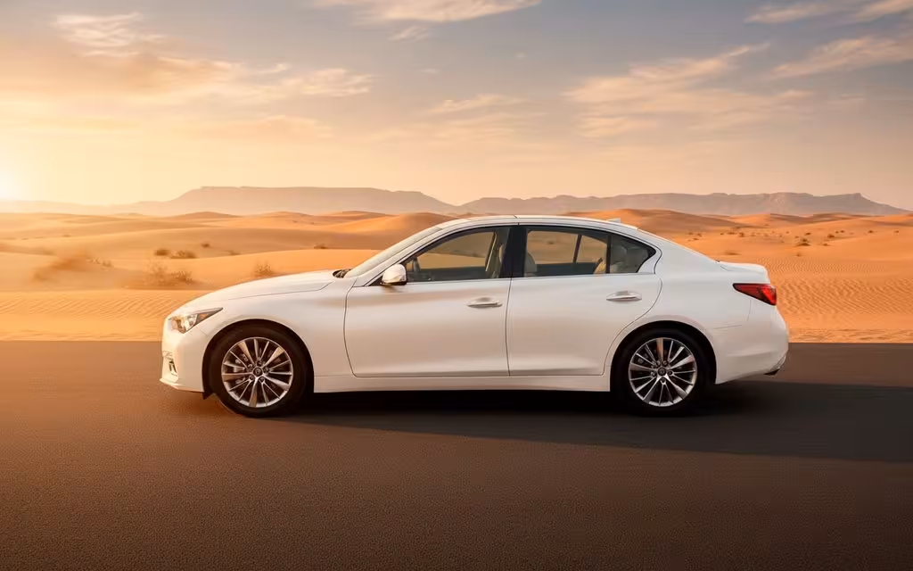 Infiniti Q50 2023 White side profile – rental in Dubai