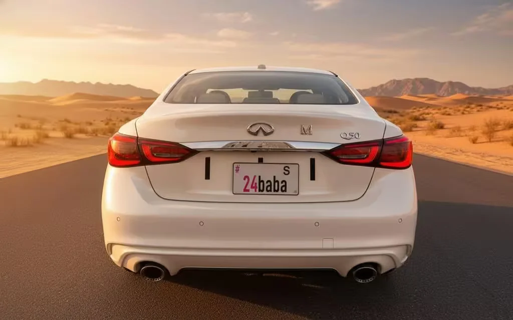 Infiniti Q50 2023 White rear view showing taillights – rental in Dubai