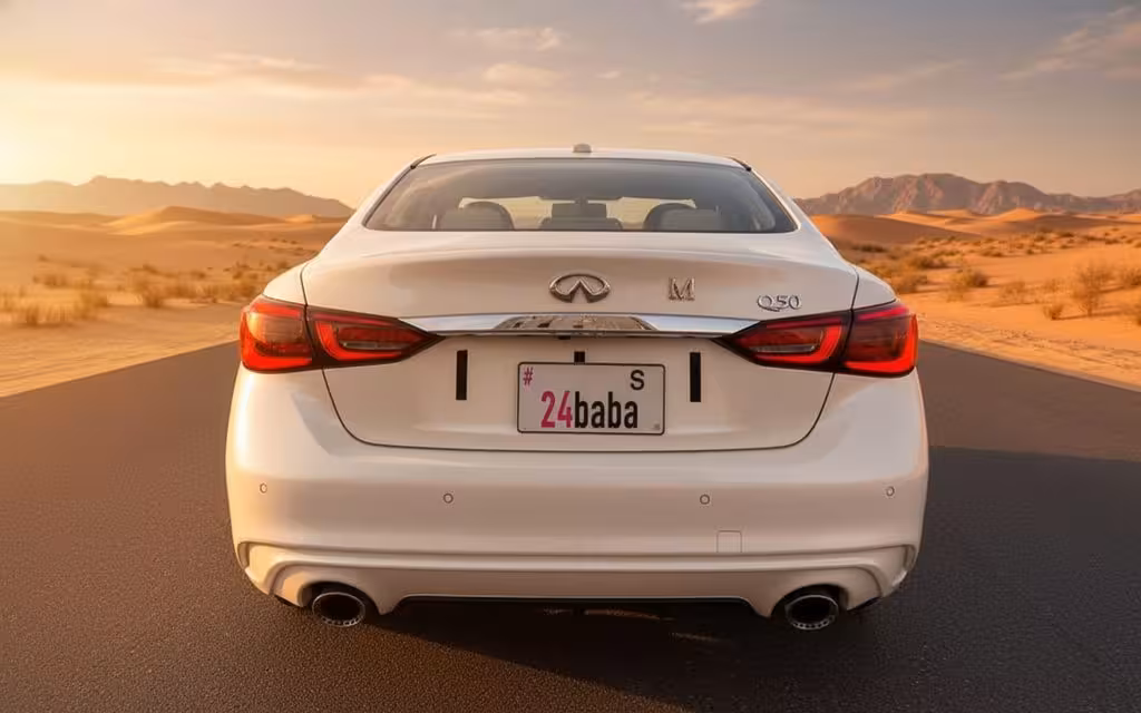 Infiniti Q50 2023 White rear view showing taillights – rental in Dubai