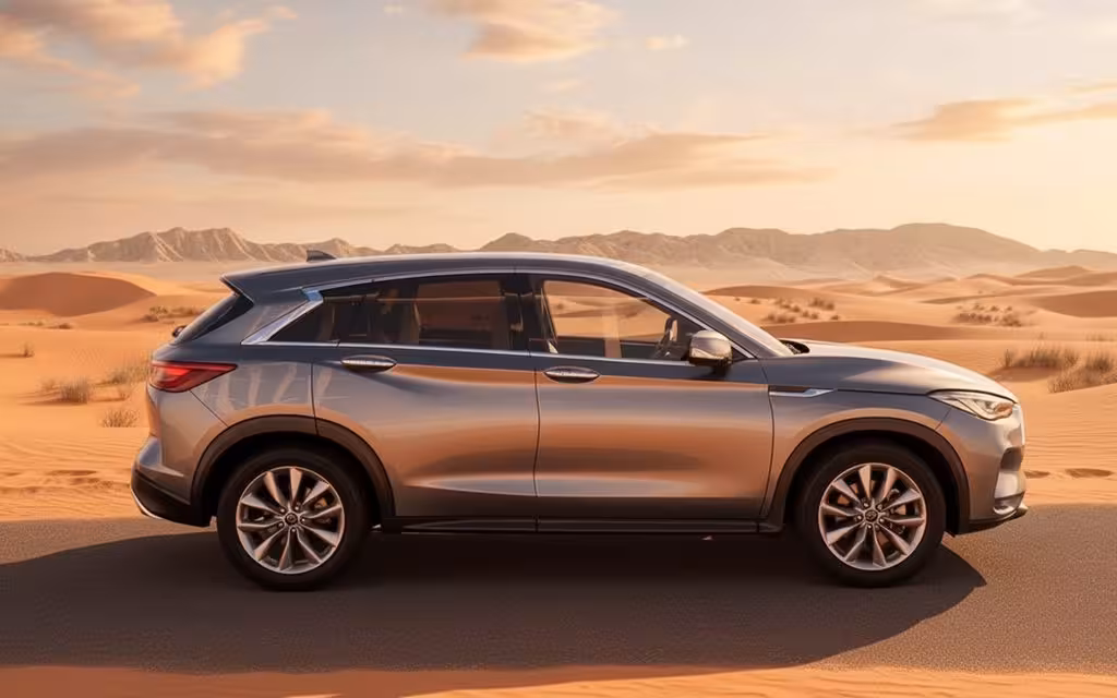Infiniti Qx50 2021 Grey side profile – rental in Dubai