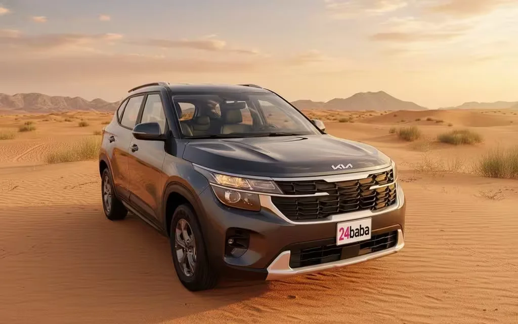 Kia Seltos 2025 Grey front view with headlights – rental in Dubai