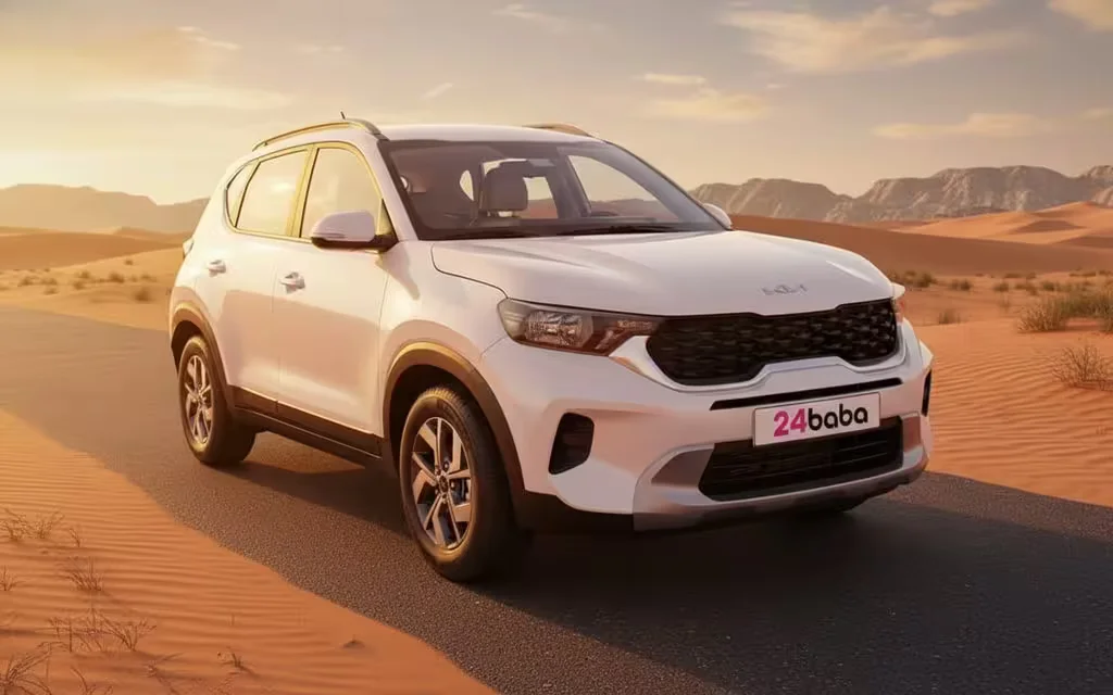Kia Sonet 2025 White front view with headlights – rental in Dubai