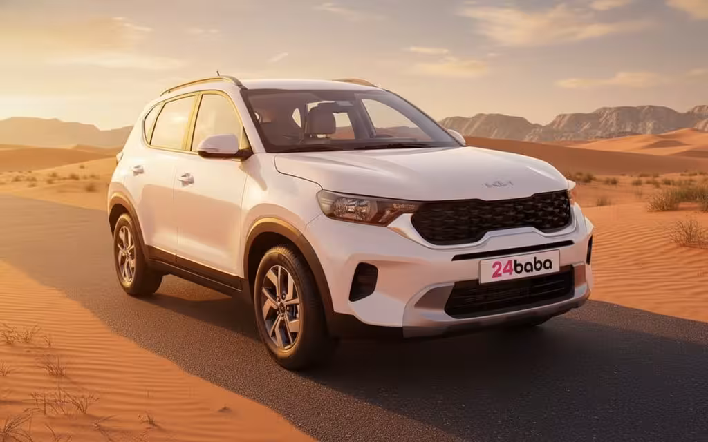 Kia Sonet 2025 White front view with headlights – rental in Dubai