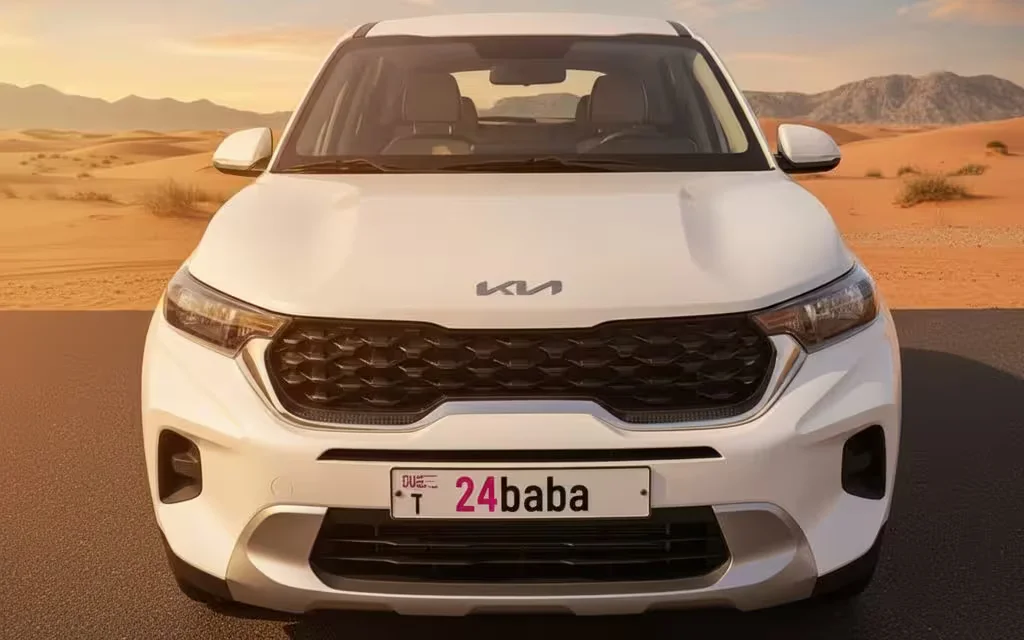 Kia Sonet 2025 White front view with headlights – rental in Dubai