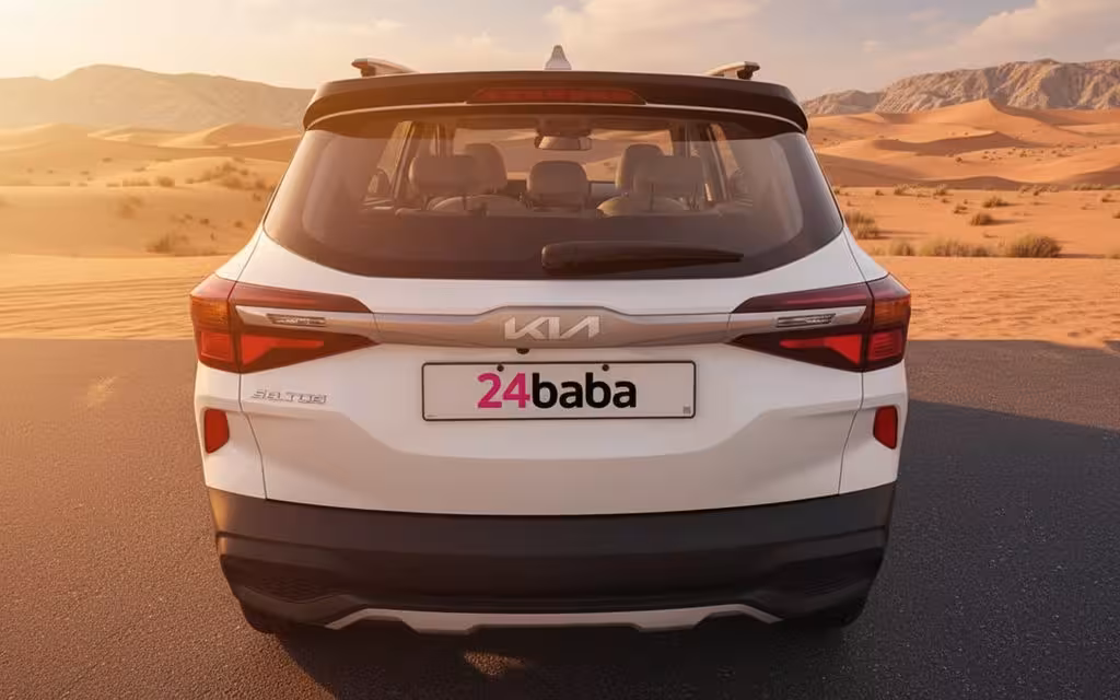 Kia Sonet 2025 White rear view showing taillights – rental in Dubai