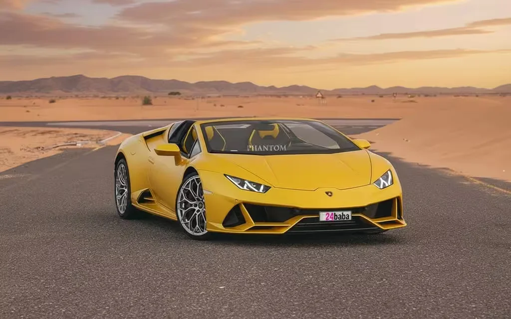 Lamborghini Huracan 2022 Yellow front view with headlights – rental in Dubai