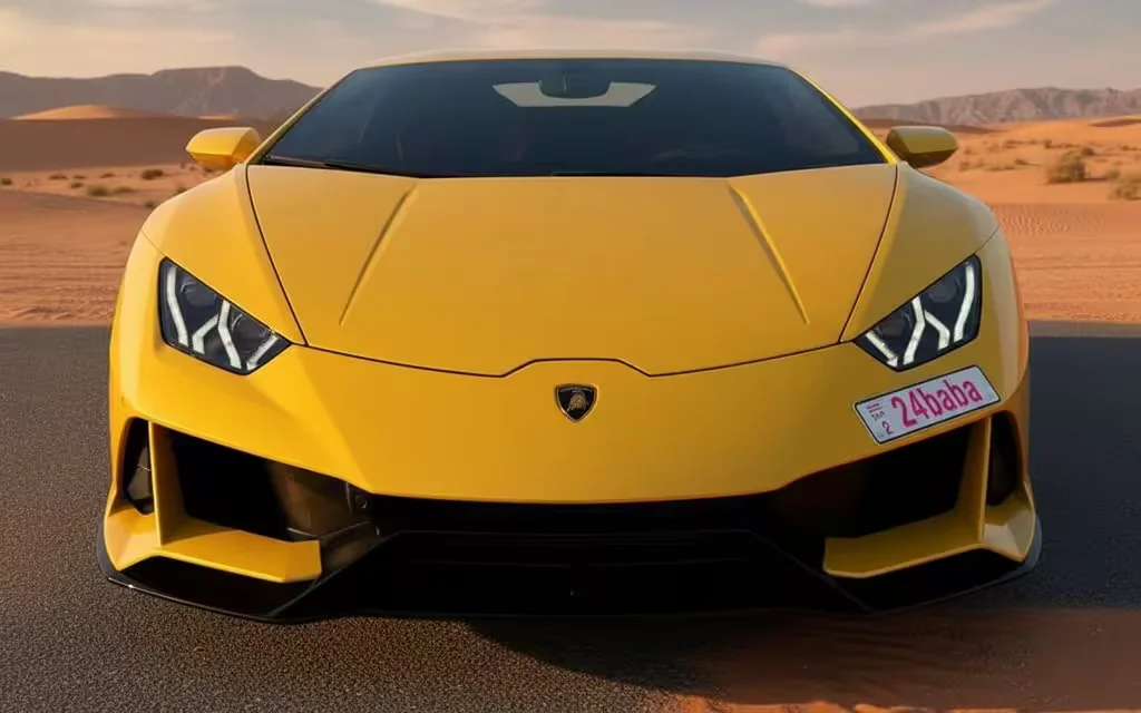 Lamborghini Huracan 2022 Yellow front view with headlights – rental in Dubai