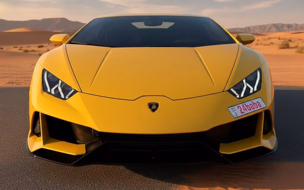 Lamborghini Huracan 2022 Yellow front view with headlights – rental in Dubai