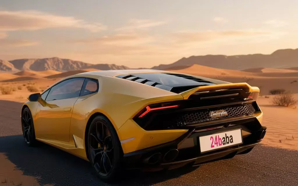 Lamborghini Huracan 2022 Yellow rear view showing taillights – rental in Dubai