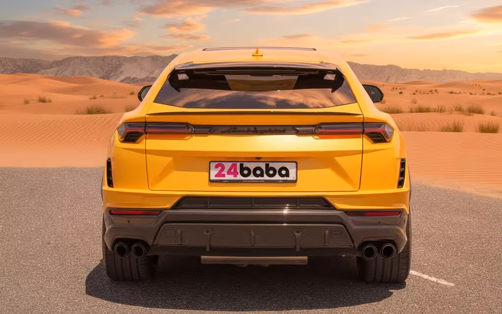 Lamborghini Urus 2024 Yellow rear view showing taillights – rental in Dubai