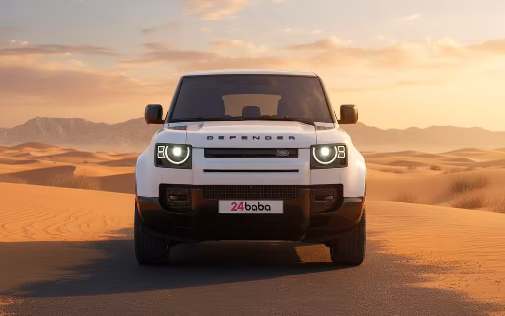 LandRover Defender 2022 White front view with headlights – rental in Dubai