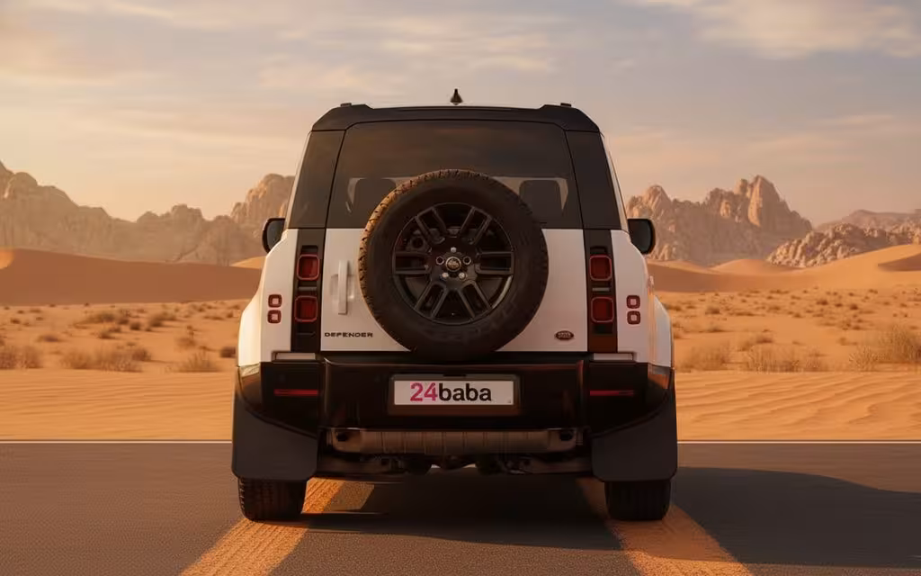 LandRover Defender 2022 White rear view showing taillights – rental in Dubai