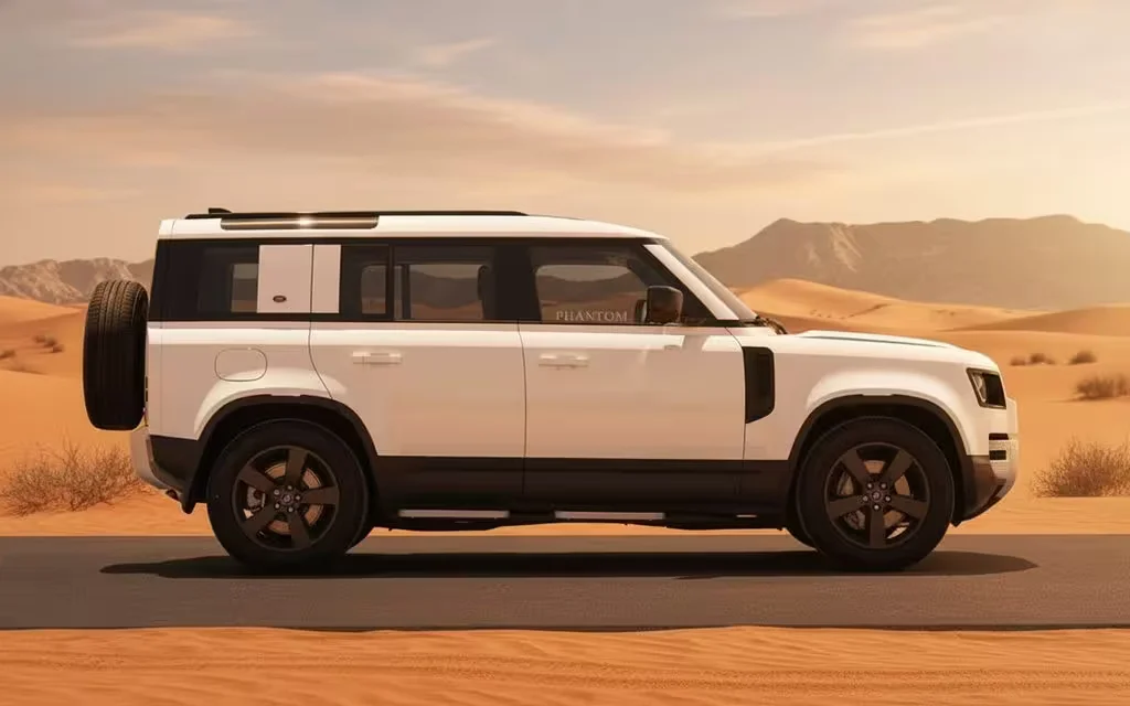 LandRover Defender 2023 White side profile – rental in Dubai