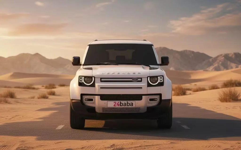 LandRover Defender 2023 White front view with headlights – rental in Dubai