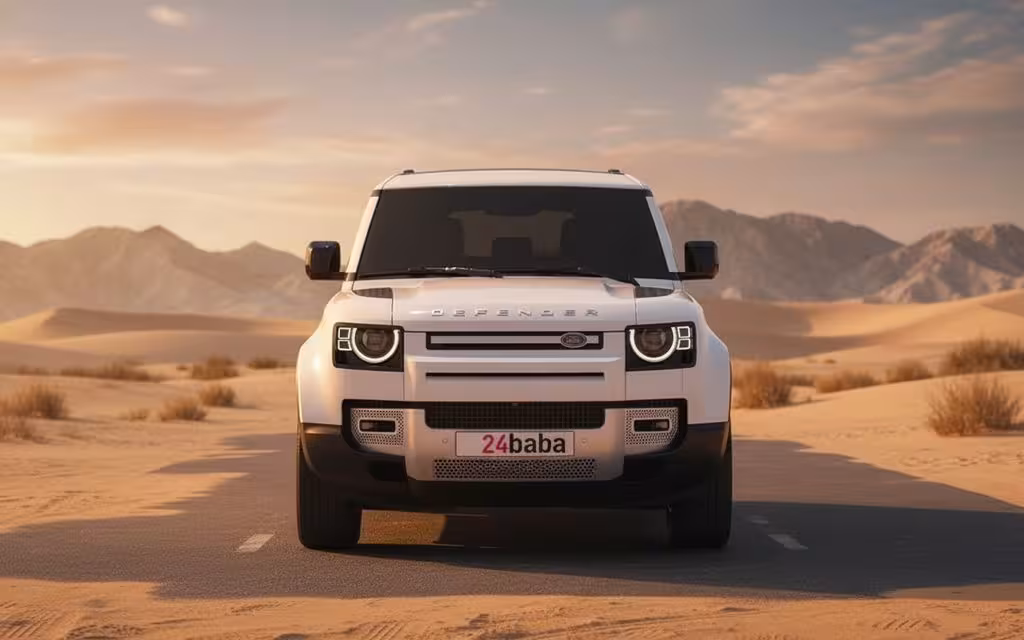 LandRover Defender 2023 White front view with headlights – rental in Dubai