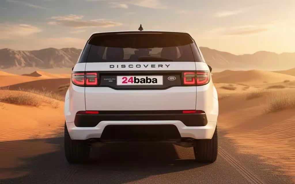 LandRover Discovery 2020 White rear view showing taillights – rental in Dubai