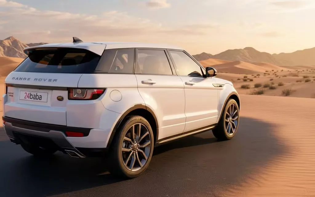 LandRover RangeRoverEvoque 202 White parked outdoor scene – rental in Dubai