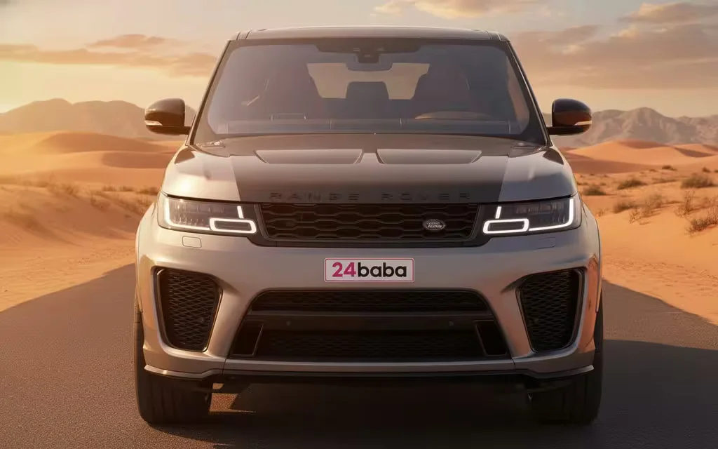 LandRover RangeRoverSport 2023 Silver front view with headlights – rental in Dubai