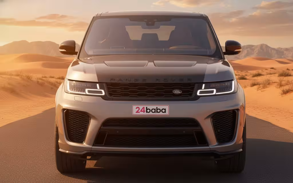 LandRover RangeRoverSport 2023 Silver front view with headlights – rental in Dubai