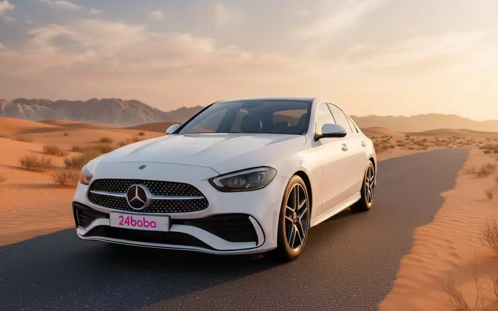 Mercedes C300 2023 White side profile – rental in Dubai