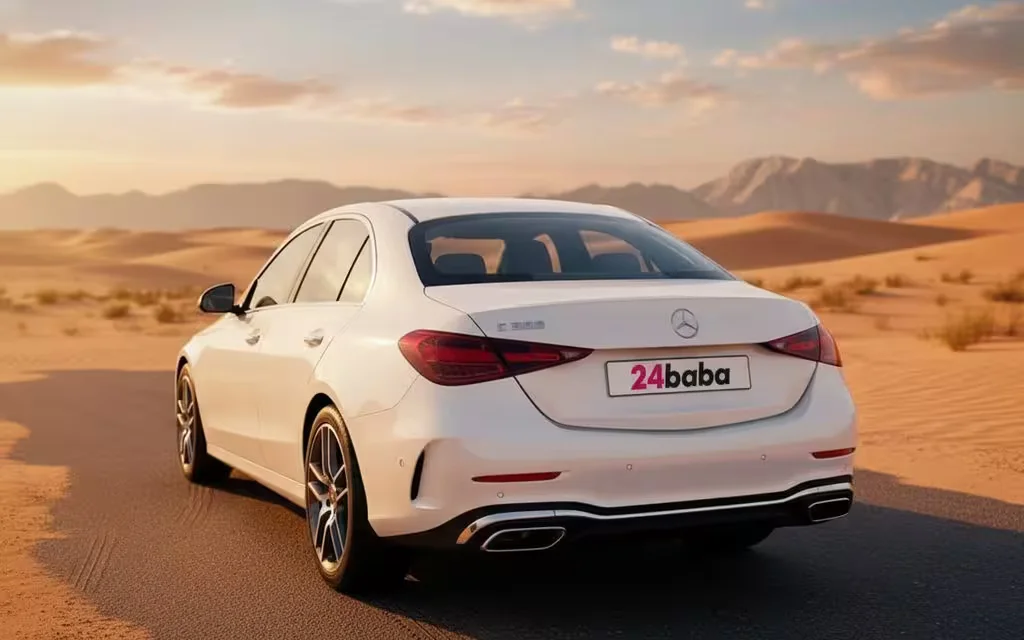 Mercedes C300 2023 White rear view showing taillights – rental in Dubai