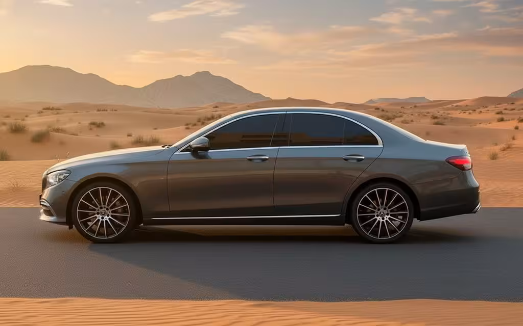 Mercedes E250 2022 Grey side profile – rental in Dubai
