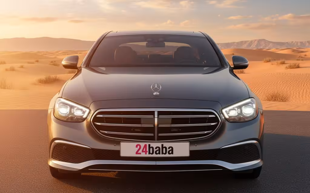 Mercedes E250 2022 Grey front view with headlights – rental in Dubai