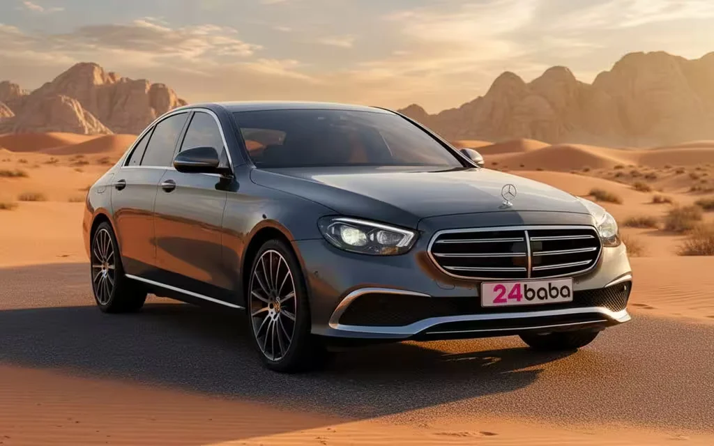 Mercedes E250 2022 Grey parked outdoor scene – rental in Dubai