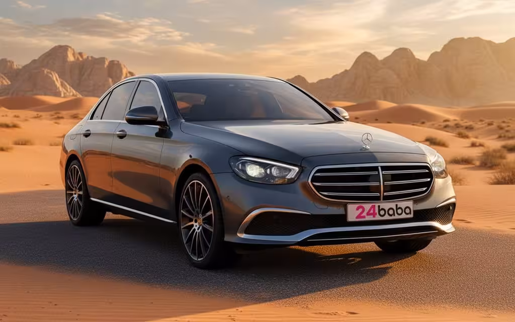 Mercedes E250 2022 Grey parked outdoor scene – rental in Dubai