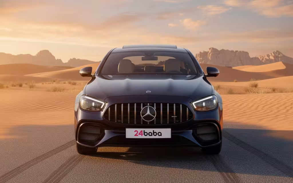 Mercedes E300 2025 Blue front view with headlights – rental in Dubai