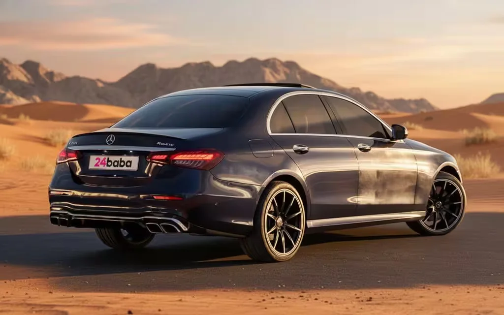 Mercedes E300 2025 Blue rear view showing taillights – rental in Dubai