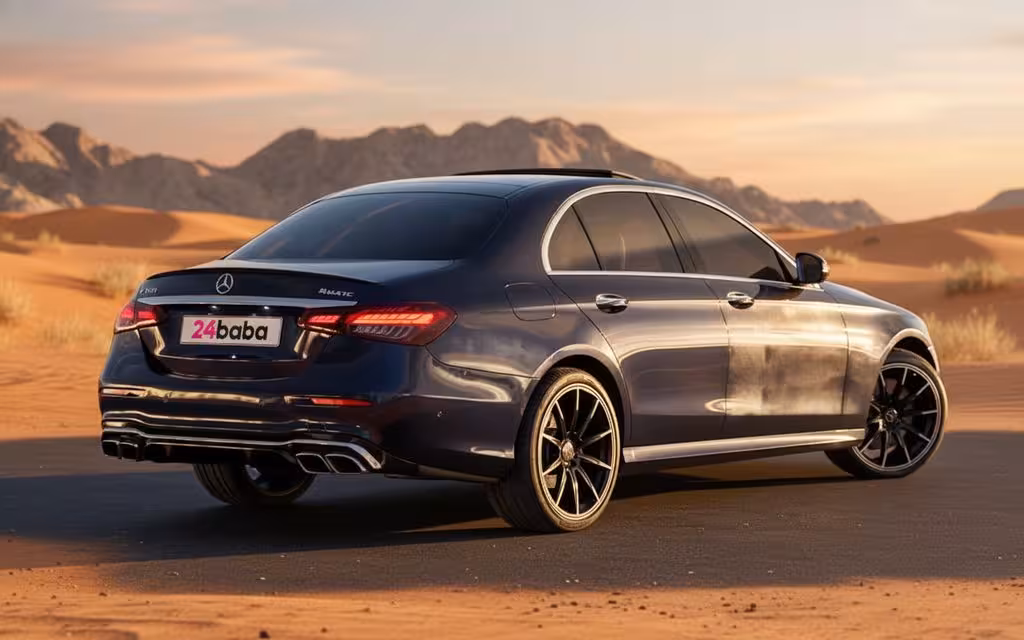 Mercedes E300 2025 Blue rear view showing taillights – rental in Dubai