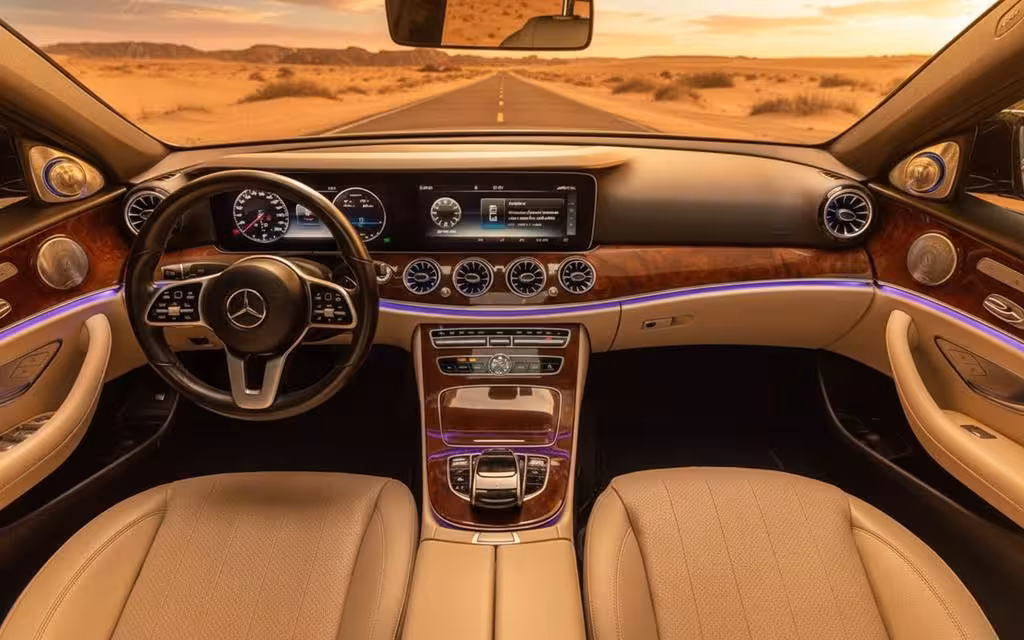 Mercedes E300 2025 interior view showing trim – rental in Dubai