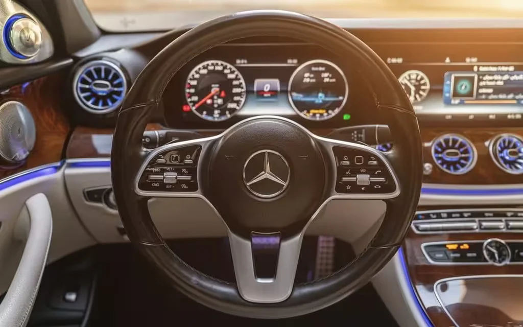 Mercedes E300 2025 alloy steering wheel close up – rental in Dubai