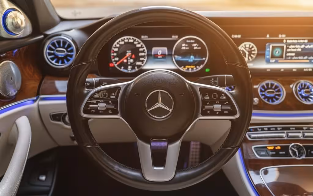 Mercedes E300 2025 alloy steering wheel close up – rental in Dubai
