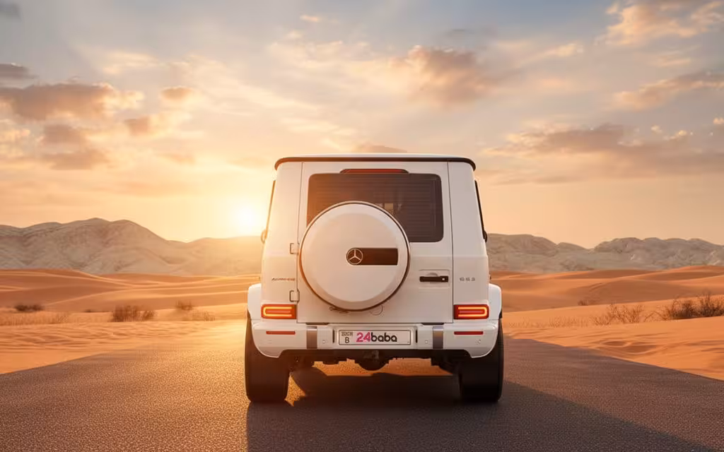 Mercedes G63 2020 White rear view showing taillights – rental in Dubai