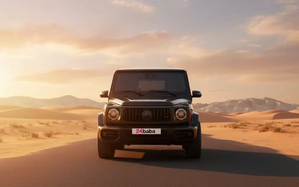 Mercedes G63 2020 Black front view with headlights – rental in Dubai