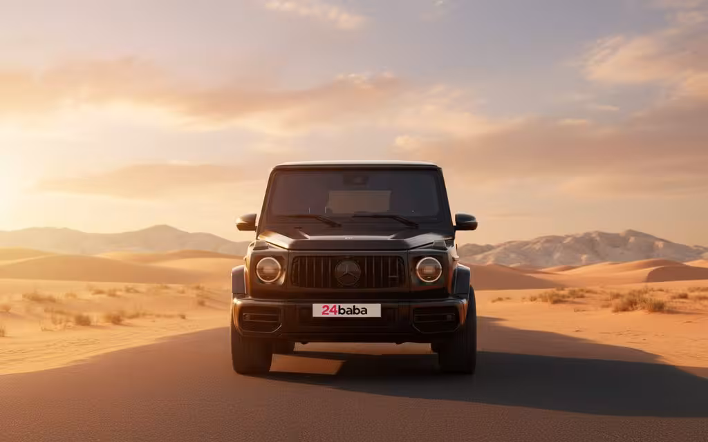 Mercedes G63 2020 Black front view with headlights – rental in Dubai