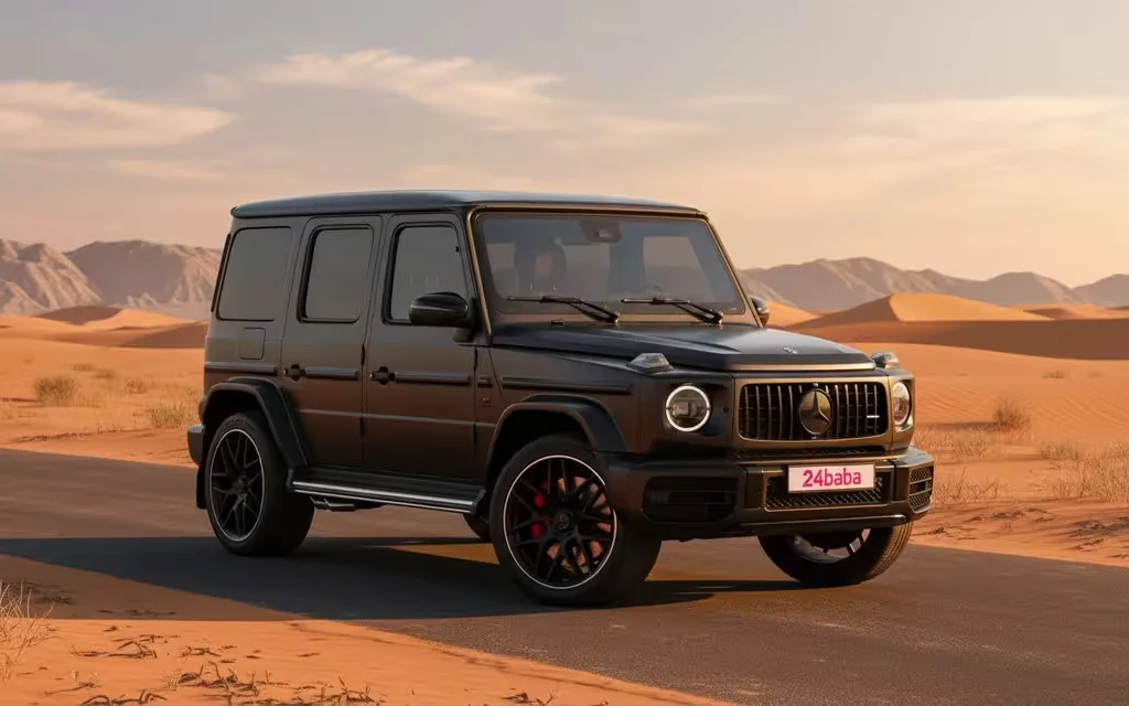 Mercedes G63 2020 Black front view with headlights – rental in Dubai