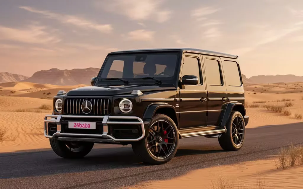Mercedes G63 2020 Black front view with headlights – rental in Dubai