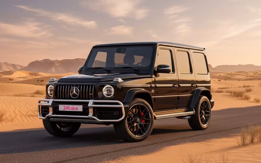 Mercedes G63 2020 Black front view with headlights – rental in Dubai