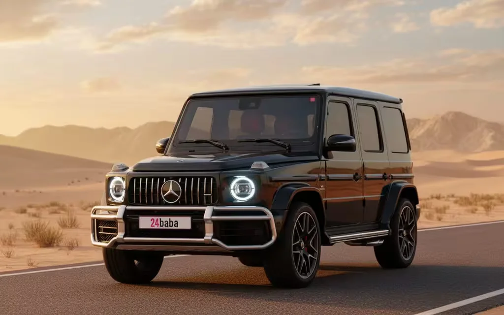 Mercedes G63 2022 Black front view with headlights – rental in Dubai