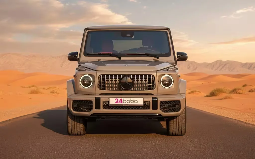 Mercedes G63 2023 Grey front view with headlights – rental in Dubai