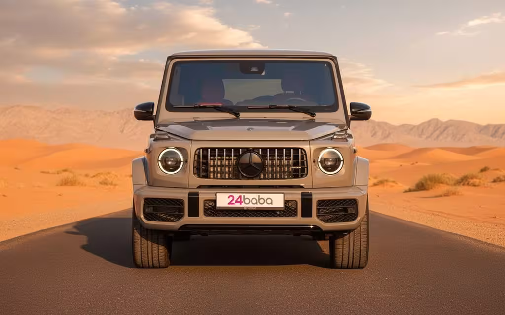 Mercedes G63 2023 Grey front view with headlights – rental in Dubai