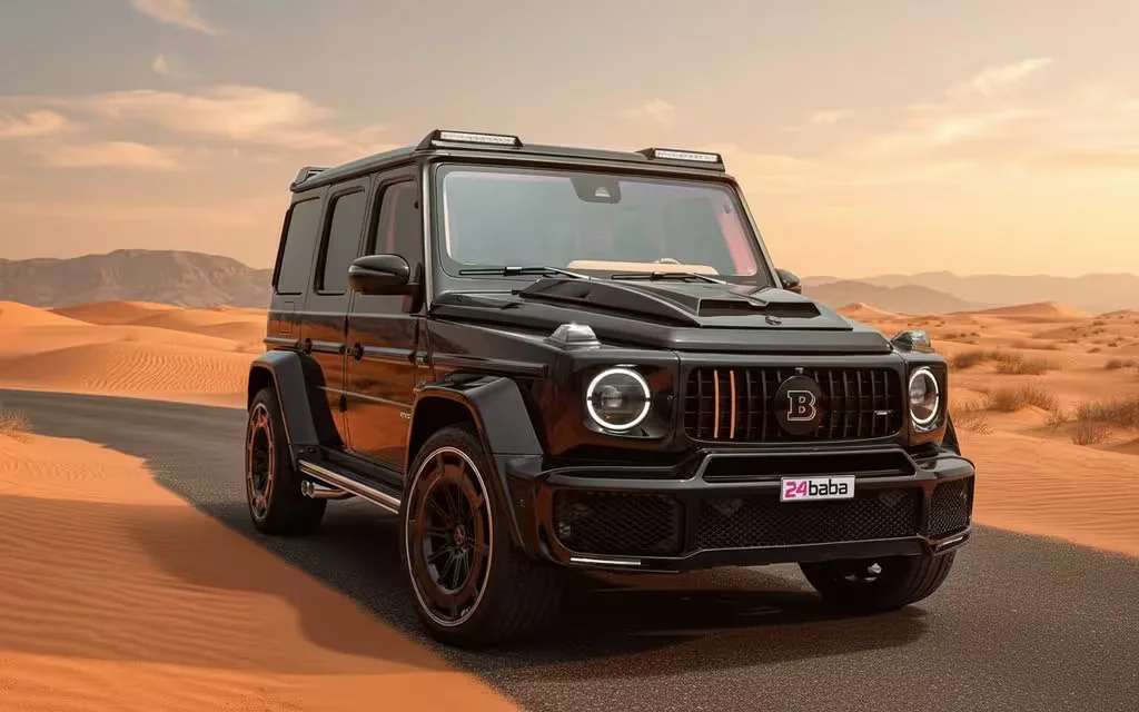 Mercedes G63 2025 Black front view with headlights – rental in Dubai
