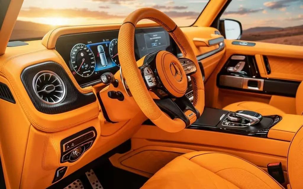 Mercedes G63 2025 interior view showing trim – rental in Dubai