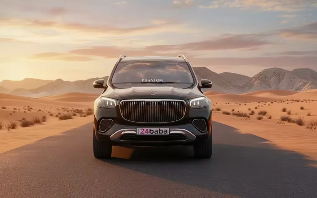 Mercedes Maybach 2024 Black front view with headlights – rental in Dubai