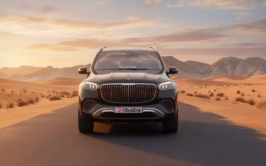Mercedes Maybach 2024 Black front view with headlights – rental in Dubai